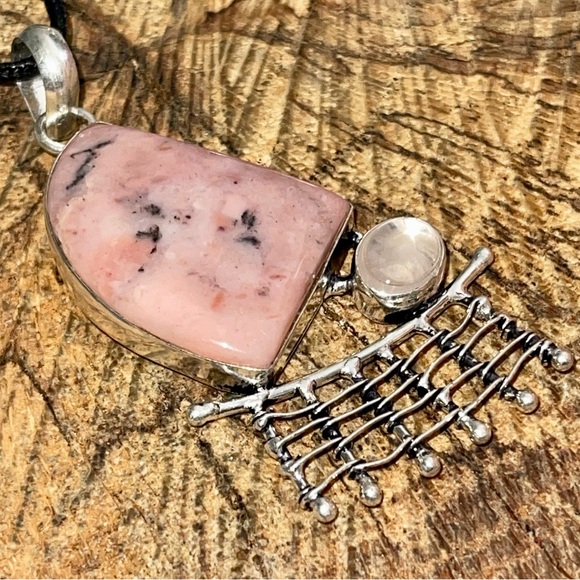 Pink Peruvian Opal & Clear Rose Quartz Pendant 2 7/8” - Picture 8 of 13